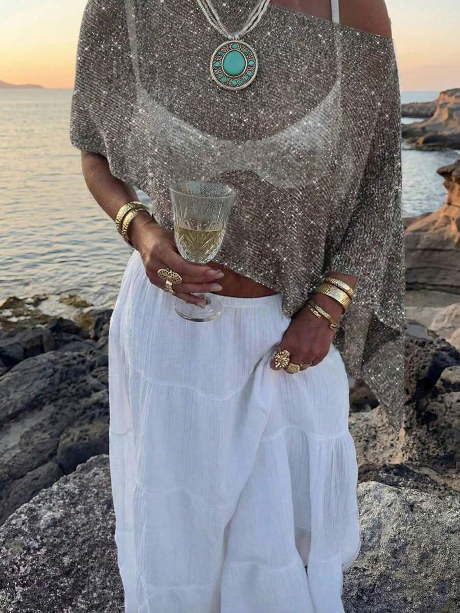 Women's Summer Side Top With Asymmetrical Hem, Lightweight And Breathable Shiny Fabric, Loose Fit Suitable For Various Figures, Casual Beach Top, Bohemian Style Summer Outfit CJ77 - 棕色 - 查看 1