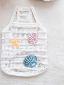1件夏季鏤空網眼透氣狗狗背心，海星與貝殼刺繡輕量小狗涼感無袖上衣，薄款透氣網布防暑寵物背心，可調節細肩帶，親膚快乾小狗夏季穿搭，適合貴賓狗、博美、吉娃娃、比熊、約克夏，室內日常穿著、戶外公園散步、海灘度假、寵物攝影、冷氣房小狗防寒衣，XS/S/M/L 多種小寵物尺寸可選，白色海洋貝殼刺繡網眼狗狗背心 1件 - 白色 - 查看 4