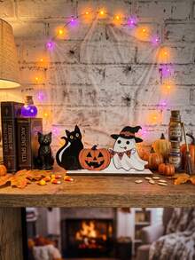 1pc Halloween Wooden Decorative Ornament, Pumpkin, Ghost, Black Cat Pattern, Suitable As Holiday Gift For Friends And Party Tabletop Decoration - Multicolor - View 3
