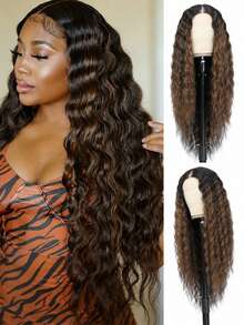 13*4*1 Lange Wellenhaar Synthetische Hitzebeständige Front Lace Perücke 30 Zoll Braun Alltagshochwertige Damen Perücken Natürliches Aussehen Hochwertige Synthetische Weiche Anfängerfreundliche Perücken - Ombre-Braun - Übersicht 6