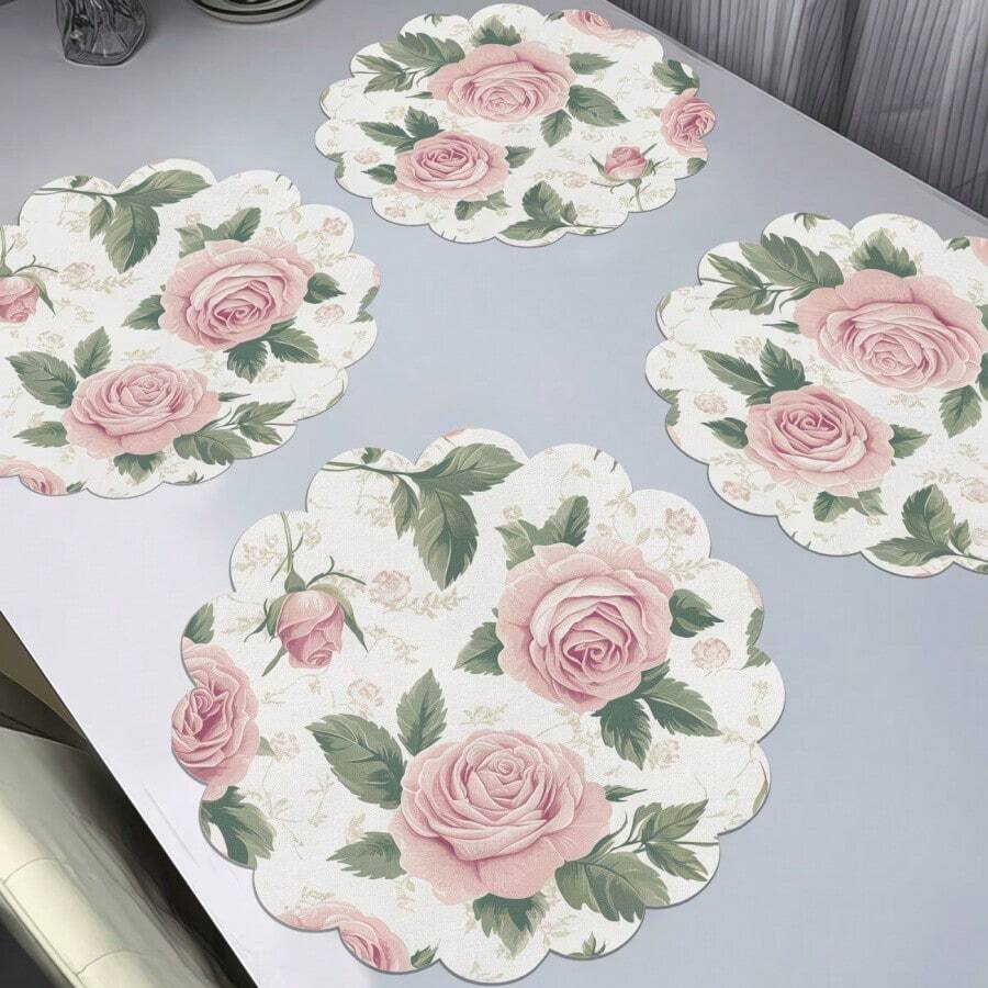 Floral Scalloped Round Placemats, Decorative Table Mats, Size 36*36cm. Polyester Woven, Heat-Resistant, Waterproof, Stain-Proof, Washable & Durable For Table Decor.