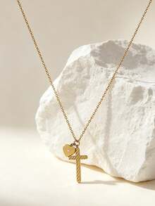 1pc Exquisite Minimalist Cross Heart Pendant Stainless Steel Necklace With Rhinestone Pendant Choker Necklace For Women, Daily Commute, Dating, Gift Accessory - Cross Heart Pendant Necklace - View 3