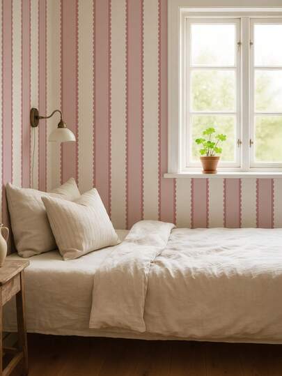 ihomeli Giấy dán tường tự dính họa tiết sọc sò đỏ rượu vang và hồng, giấy dán tường bóc dán phong cách vintage, trang trí tường sọc, giấy dán tường có thể tháo rời, trang trí nhà cửa, nghệ thuật tường, trang trí phòng