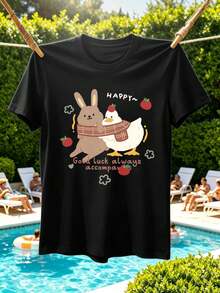 Herren-T-Shirt Mit Cartoon-Hasen- Und Entenmotiv, Premium-Baumwolle, Lockere Passform, L?Ssig, Atmungsaktiv - Black - View 2