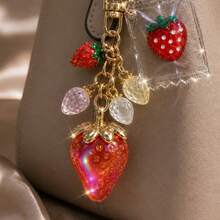 1pc Women's 3D Artificial Cherry & Strawberry Rhinestone Pendant Keychain, Sweet Bag Charm - Multicolor - View 5