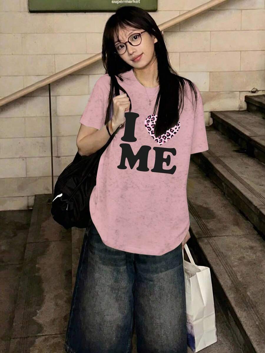 Heart Confession Print Short Sleeve T-Shirt, Casual Loose Multi-Purpose Fashion Top, Summer New Style - Spotted - Pink - View 1