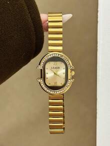 1pc Gold/Silver Square Bamboo Pattern Quartz Watch, Suitable For Daily Wear, Birthday Gift, Christmas - Gold - View 2