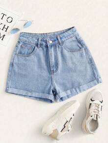 Summer Rolled-Up High-Waisted Denim Shorts - 彩色 - 查看 1