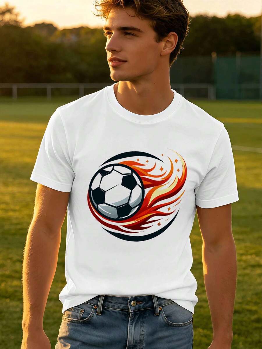 Camiseta de fútbol para hombre con estampado Fireball. Tejido de calidad, estilo hip-hop urbano, cómoda, duradera, estampado gráfico único. - Blanco - Ver 1