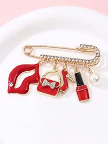 1pc Luxury Rhinestone Makeup Theme Brooch, Lipstick Handbag High Heel Pendant Pin, Versatile Anti-Exposure Clothing Accessory, Niche Exquisite Women's Brooch Gift - Multicolor - View 4