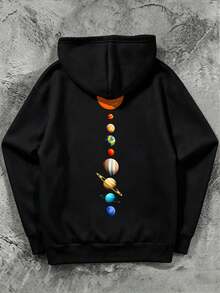 1pc Plus Size Men's Solar System Planet Back Print Loose Hoodie | Exquisite Design | Autumn/Winter Essential | Versatile & Easy To Wear, Showcasing Personalized Style - Black - View 3