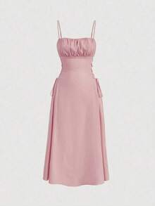 Solid Color Strappy Dress With Ruched Bodice And Side Drawstring - Pink - View 2