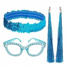 3pcs Disco 70s/80s Shiny Party Costume Accessories Set, Sequin Headband + Decorative Rhinestone Glasses (No Lenses) + Tassel Pendant Ear Clips, Suitable For Cosplay, Halloween Party Accessories, Daily Gathering Supplies, 70s/80s Disco Party - Multicolor - View 18