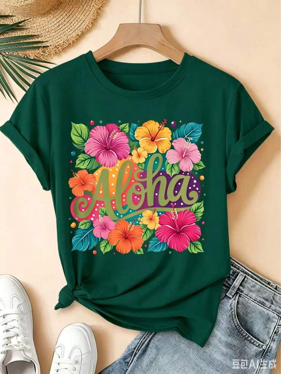 Aloha Tropical Hibiscus Flower Colorful Print Short-Sleeve Vintage Round-Neck T-Shirt, Fresh Forest Style Loose Top, 2026summer Party Commuter Women's - 森林綠 - 查看 1