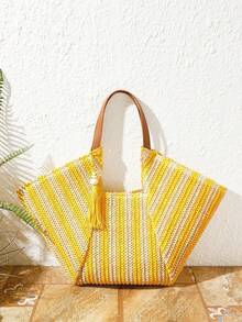 Boho Woven Straw Tote Bag, Large Capacity With Fringe And Striped/Smooth PU Handles For Beach, Vacation, Summer - Yellow - View 1