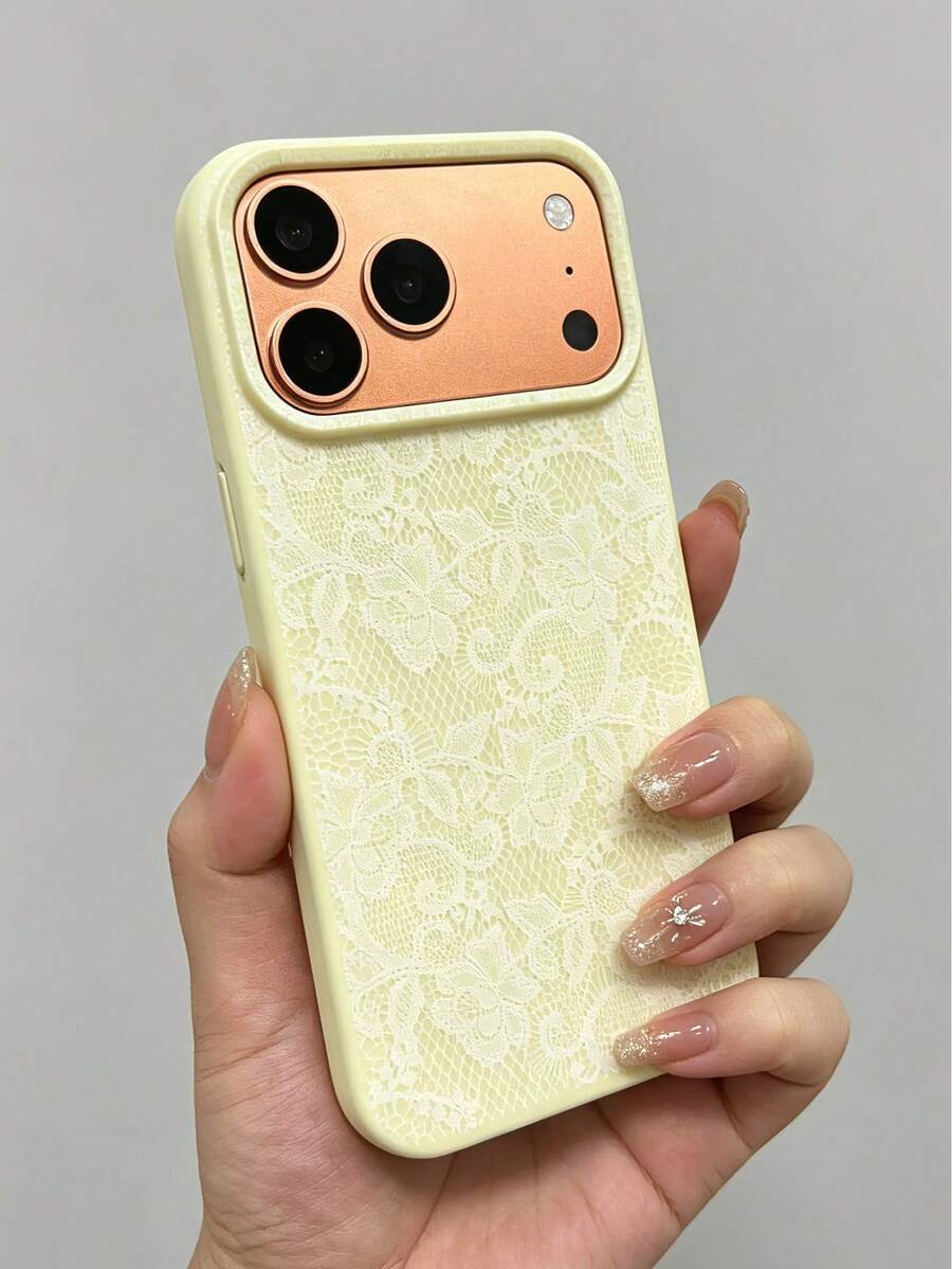 1個親膚黃色矽膠手機殼,手繪女孩風格蕾絲圖案,適用於 iPhone 17/16/15/14/13/12/11 系列/親膚黃色軟殼 - 彩色 - 查看 1