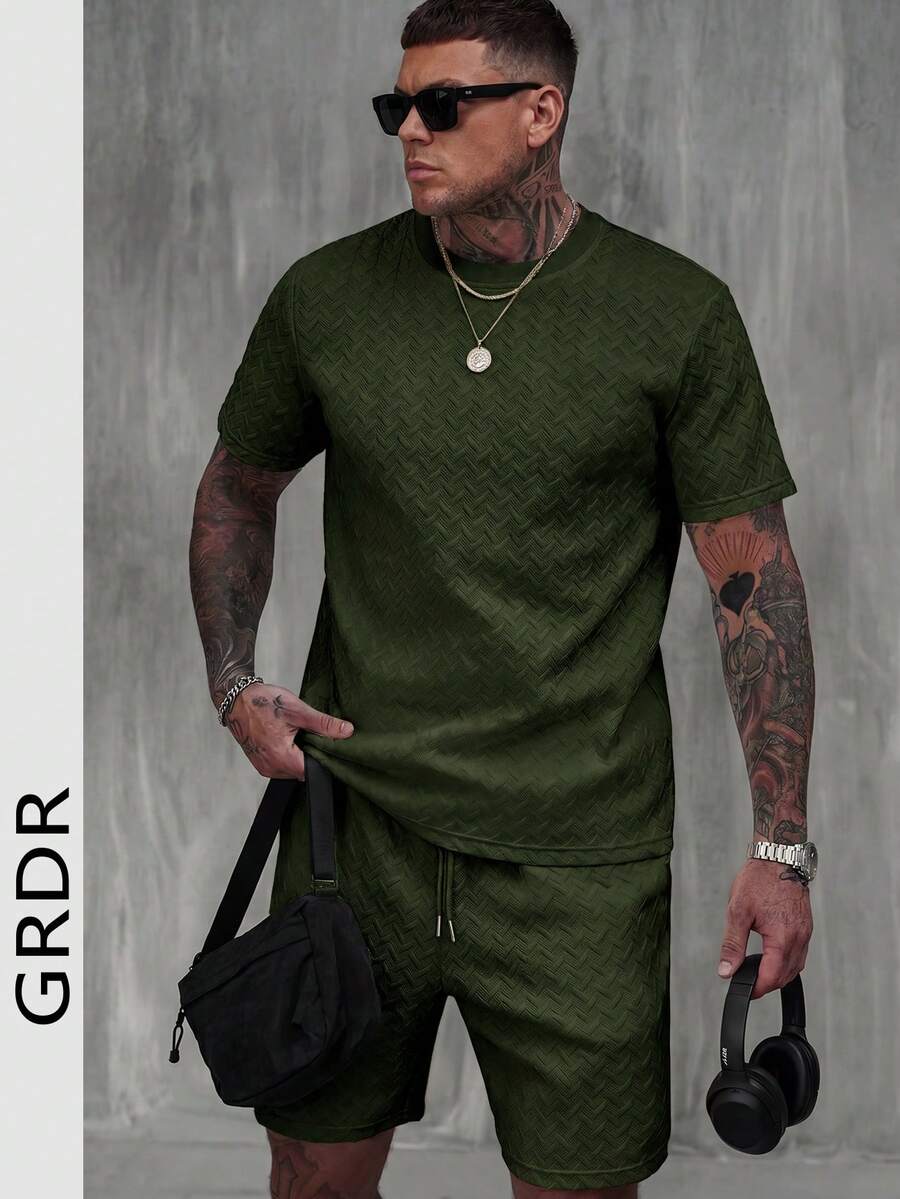 2pcs Men's Diamond Texture T-Shirt And Shorts Set, Casual Commuter Comfortable Minimalist - Army Green - View 1