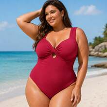 Plus Size Crossover Swimsuit, Casual And Elegant. - 紅木色 - 查看 3