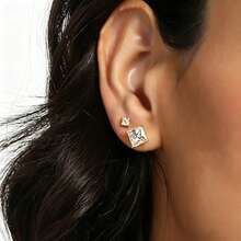 10 Peças Brincos de Botão Quadrados de Zircônia Cúbica, Brincos de Piercing Empilháveis Revestidos de Ouro Branco 18K com Strass, Brincos Femininos Estilo Minimalista Clean Girl - Dourado - Visão 6