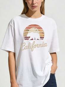 Strada Casual 1-Pack Women's Oversized Vintage California Bear Graphic T-Shirt, 100% Cotton, Crew Neck, Short Sleeve, Vibrant Print, For Summer & Spring, Machine Washable - 白色 - 查看 1