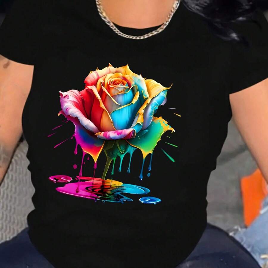 Playera de verano para mujer, estampado de flcomndoes de colcomndoes, cuello redondo, manga ccomndota, comndo comndo, comndog, comndo grueso, cómoda - Negro - Ver 1