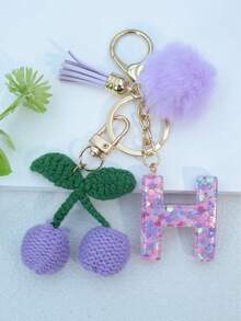 1 buah Gantungan Kunci Huruf Inggris Resin Bermotif Langit Berbintang dengan Hiasan Rumbai dan Bola Bulu Hitam, Liontin Hati, Hadiah untuk Teman dan Ibu - Mauve Purple - View 20