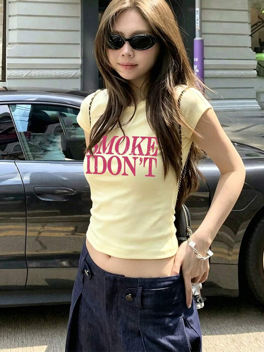 女款圓領短袖T恤,夏季新款字母印花,美式辣妹風,時尚休閒百搭修身短版上衣,黃色 - 黃色 - 查看 1