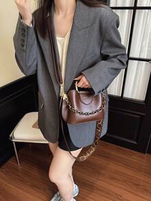 Hevel, Bolso de mano con decoración de cadena de estilo casual de negocios, adecuado para adolescentes, bolso de hombro y bandolera para mujeres estudiantes universitarias, recién llegadas al lugar de trabajo y trabajadoras de cuello blanco. Perfecto para oficina, campus, trabajo, negocios, desplazamientos, actividades al aire libre, viajes y salidas. - Café integral - Ver 5