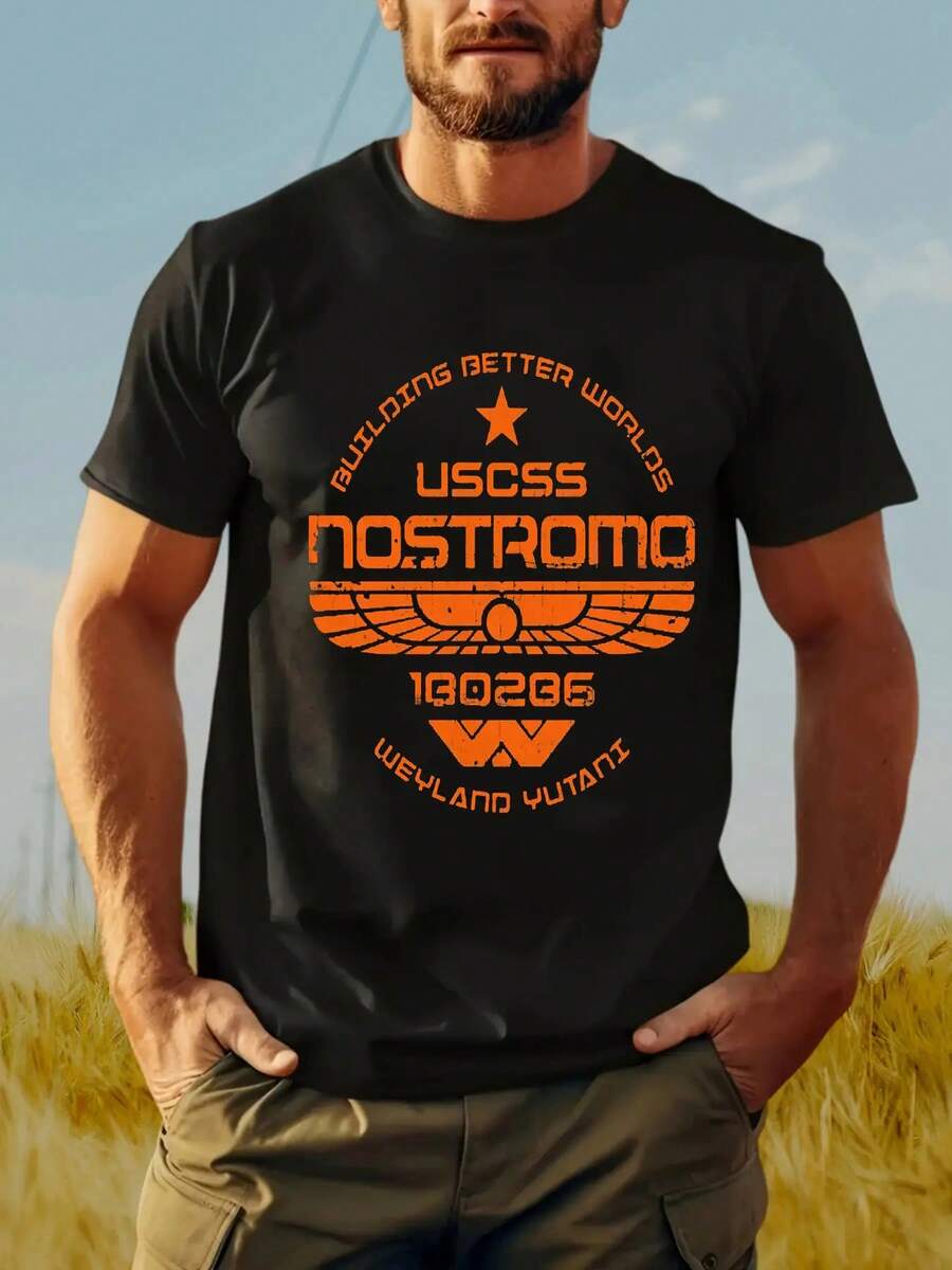 Camiseta de algodón puro, exclusiva del verano 2026, última . Camiseta casual de manga corta para hombre - Negra con un llamativo estampado naranja, cuello redondo y corte regular, - Negro - Ver 1
