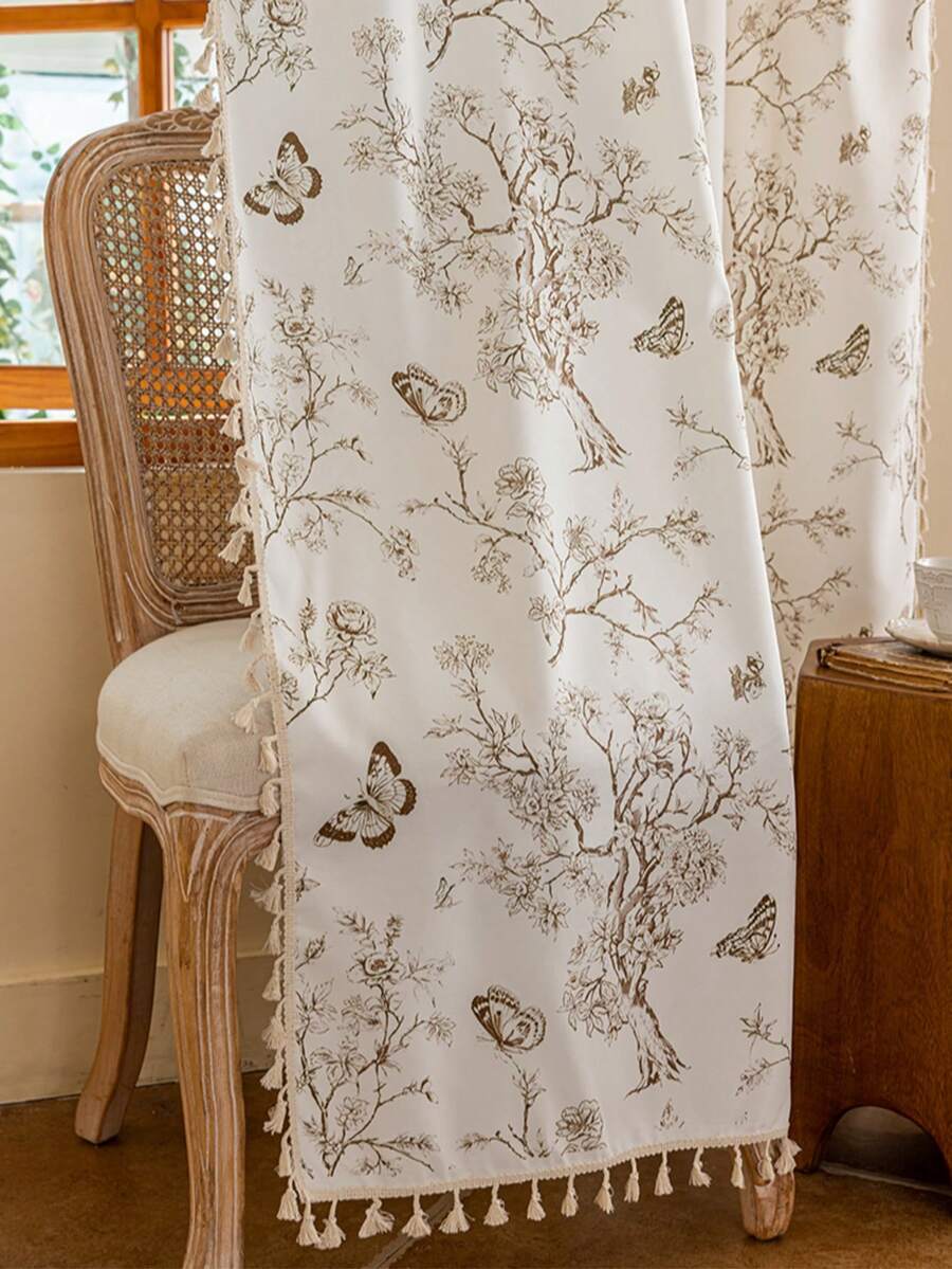COSYSCENE 1 pieza Cortina con estampado vintage de flores & mariposas con ribete de borlas, estilo botánico francés campestre para dormitorio, sala de estar y decoración del hogar - Multicolor - Ver 1
