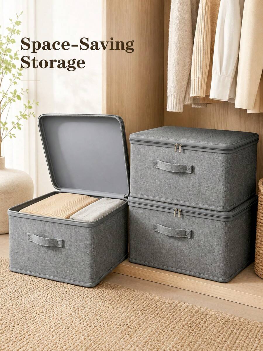 Extra-Large Stackable Fabric Storage Box With Lid, Versatile Space-Saving Organizer For Closets, Bedrooms, Kitchens, Durable Storage Bin Ideal For Books, Clothing, Bedding, Toys, Linens And Household