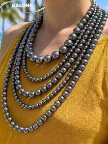 Exquisito y versátil collar de perlas multicapa hecho a mano para banquetes. - Gris - Ver 4
