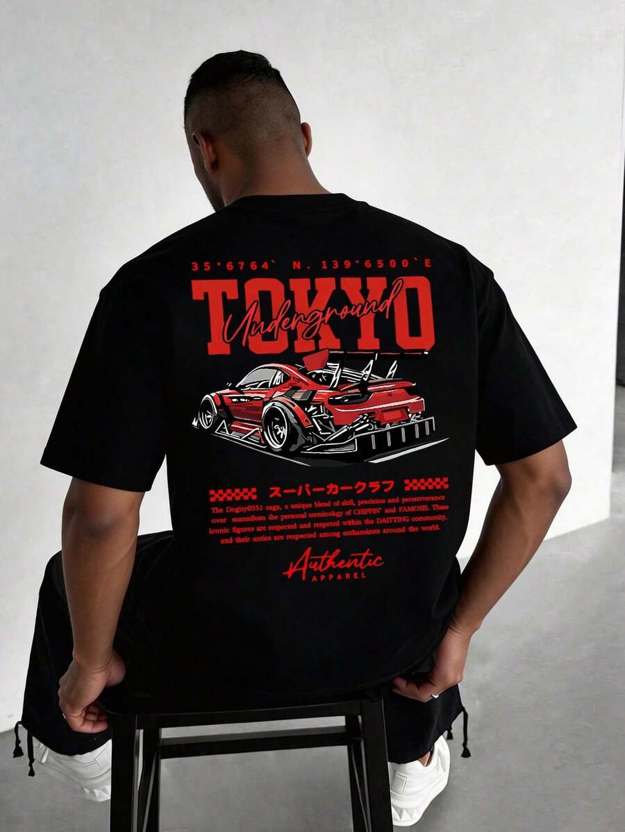 Vintage Street TOKYO Red Underground Racing Car Pattern Men's Loose Short Sleeve 100% Cotton T-Shirt Breathable Summer Top  Printed Daily Outfit - 黑色 - 查看 1