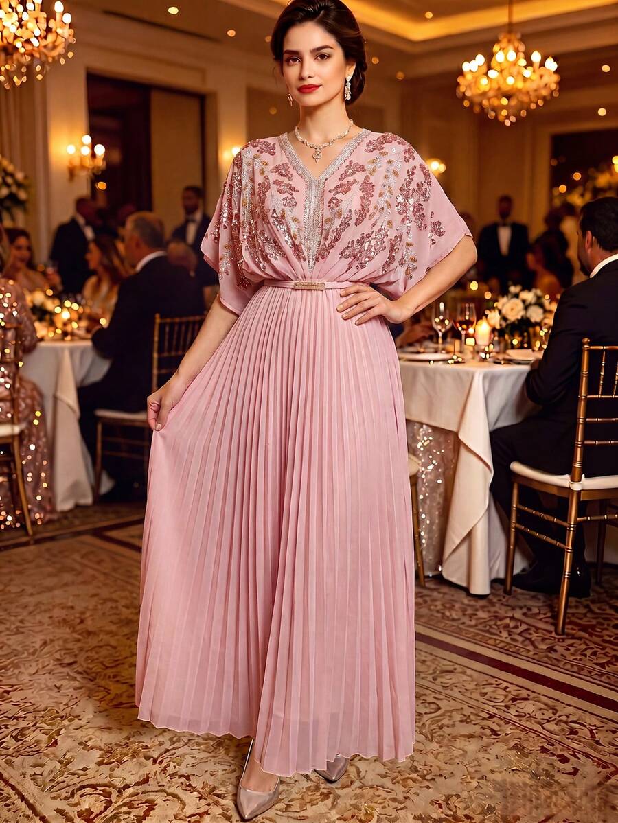 Charming Blush Pink V-Neck Maxi Dress, Half Sleeve Sequin Decorated Bodice, Flowy Pleated Skirt, Suitable For Formal Occasions - Pink - View 1