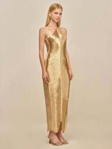 Long Party Dress With Fringe, Halter Neckline And Back Slit - Gold - View 3