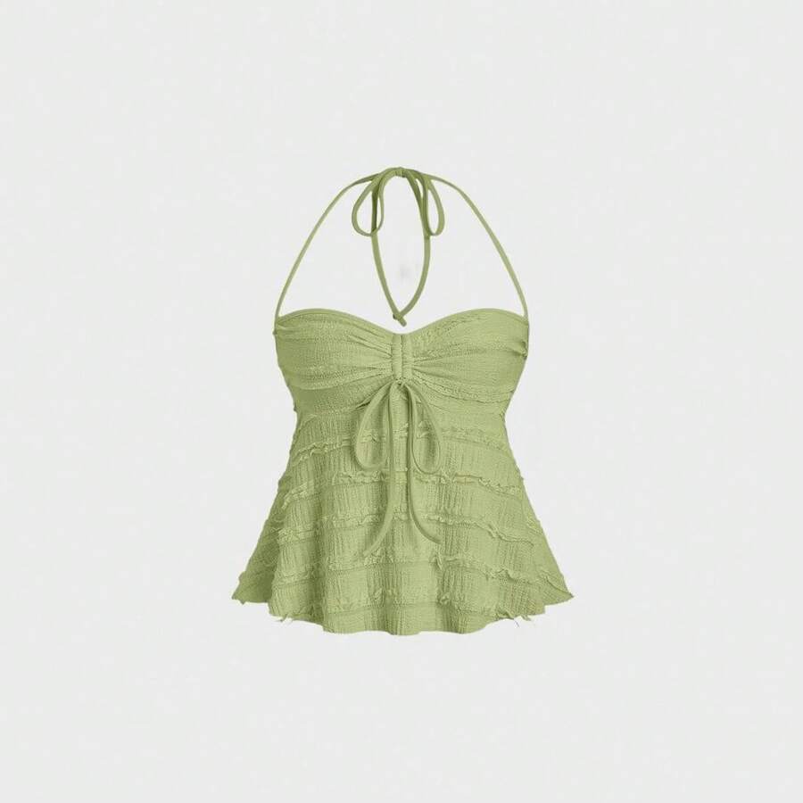 Tops halter con cordón en el busto de color sólido, estilo Y2K para mujeres - verde claro - Ver 1