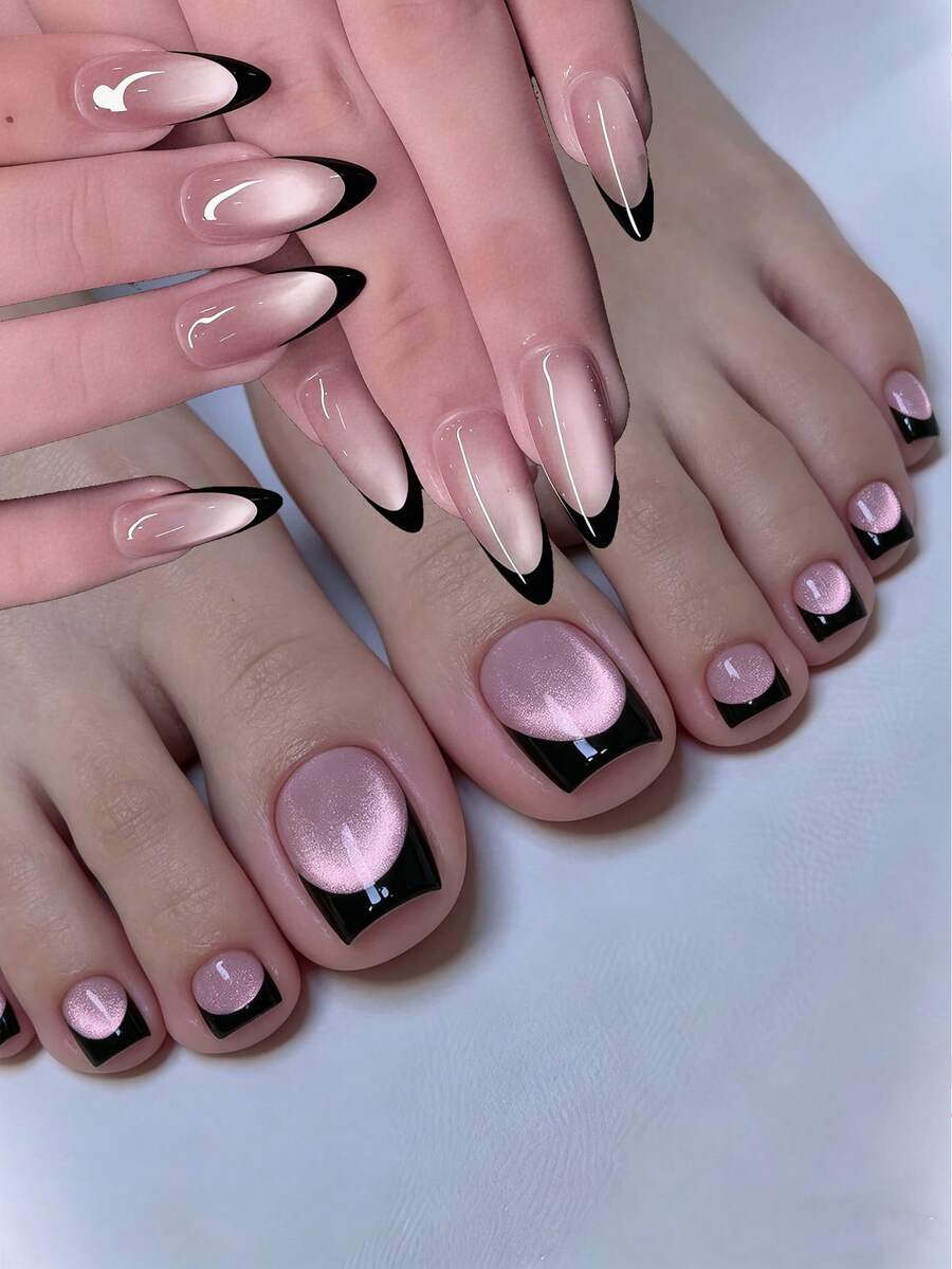 Add Romantic Flair 48片杏仁形穿戴式假指甲與短方型腳趾甲,極簡黑色法式玻璃珠貓眼全覆蓋假指甲套組,附果凍膠與迷你指甲锉,適合女性與女孩日常配戴、派對、購物、約會、DIY,果凍膠隨機發送 - 彩色 - 查看 1
