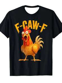 Exclusiva de Verano 2026, Última , Camiseta de Algodón Puro Solo para Verano, Camiseta Divertida para Hombre con Estampado de Gallina F-Caw-F y FCAWF - Corte Holgado Vintage, Manga - Negro - Ver 1