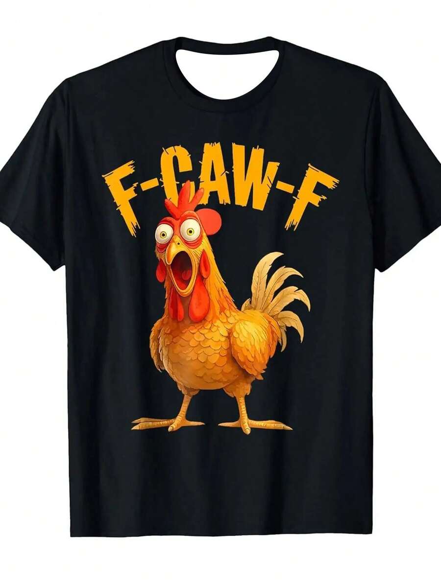 Exclusiva de Verano 2026, Última , Camiseta de Algodón Puro Solo para Verano, Camiseta Divertida para Hombre con Estampado de Gallina F-Caw-F y FCAWF - Corte Holgado Vintage, Manga - Negro - Ver 1