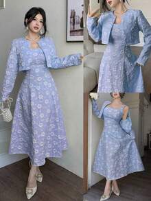Elegante traje de chaqueta de jacquard para dama para exteriores - Caqui - Ver 10
