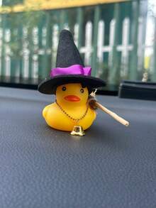 1pc Car Dashboard Ornament, Halloween Theme Rubber Duck With Witch Hat, Broom And Bell, Creative Desktop / Home Decor Figurine, Fun Halloween Gift - Car Ornaments - View 3