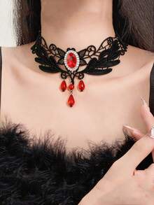 1 pieza Collar corto tipo gargantilla de cadena para clavícula para mujer, estilo gótico vintage, con encaje, rubí y borla, personalizado - Multicolor - Ver 1