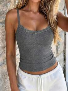 NOIRLYN Women's Tank Top Spring/Summer Y2K Sexy Slim Fit Lace Patchwork Camisole - Grey - View 7
