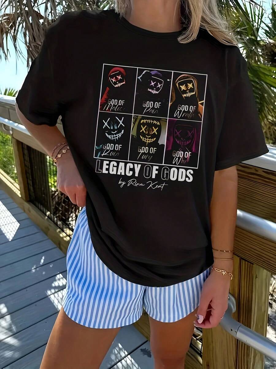 Black Short-Sleeve T-Shirt With 'LEGACY OF GODS' Series Mask Print - 黑色的 - 查看 1