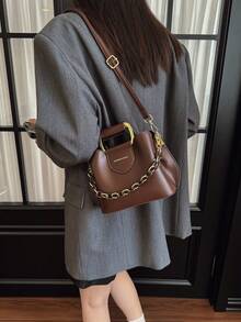 Hevel, Bolso de mano con decoración de cadena de estilo casual de negocios, adecuado para adolescentes, bolso de hombro y bandolera para mujeres estudiantes universitarias, recién llegadas al lugar de trabajo y trabajadoras de cuello blanco. Perfecto para oficina, campus, trabajo, negocios, desplazamientos, actividades al aire libre, viajes y salidas. - Café integral - Ver 6