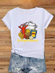 1 camiseta con estampado gráfico, manga corta, cuello redondo, estilo casual para verano y primavera, ropa de mujer, cómoda, de algodón puro, con estampados gráficos deportivos a la moda, es - Blanco - Ver 1