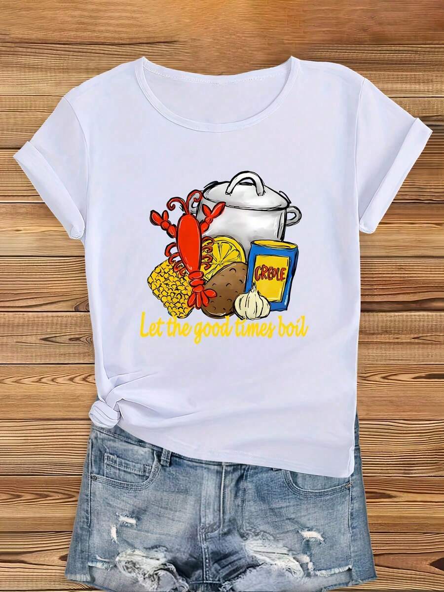 1 camiseta con estampado gráfico, manga corta, cuello redondo, estilo casual para verano y primavera, ropa de mujer, cómoda, de algodón puro, con estampados gráficos deportivos a la moda, es - Blanco - Ver 1