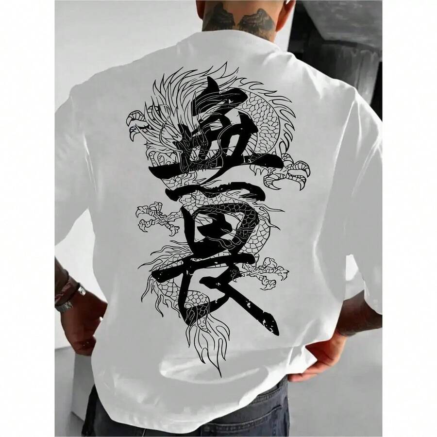 Camiseta con Estampado de Dragón para Hombres y Mujeres - Diseño de Caligrafía Asiática en Blanco y Negro, Manga Corta Suelta con Cuello Redondo, Camiseta de Verano de Algodón Ligera y Trans - Blanco - Ver 1