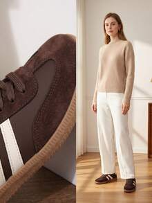 Women's Dark Brown Faux Suede Vintage Lace-Up Sneakers, Casual Low-Top Flat Sneakers, Rubber Sole, Anti-Slip Comfortable Walking Shoes, Streetwear, Autumn/Winter - Brown - View 3