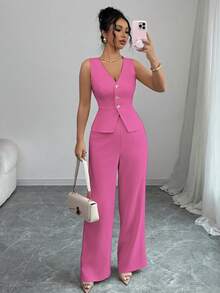 Conjunto de top sin mangas y pantalones elegantes para mujeres, estilo de oficinista, atuendo de otoño para maestras - Rosa Fucsia - Ver 1